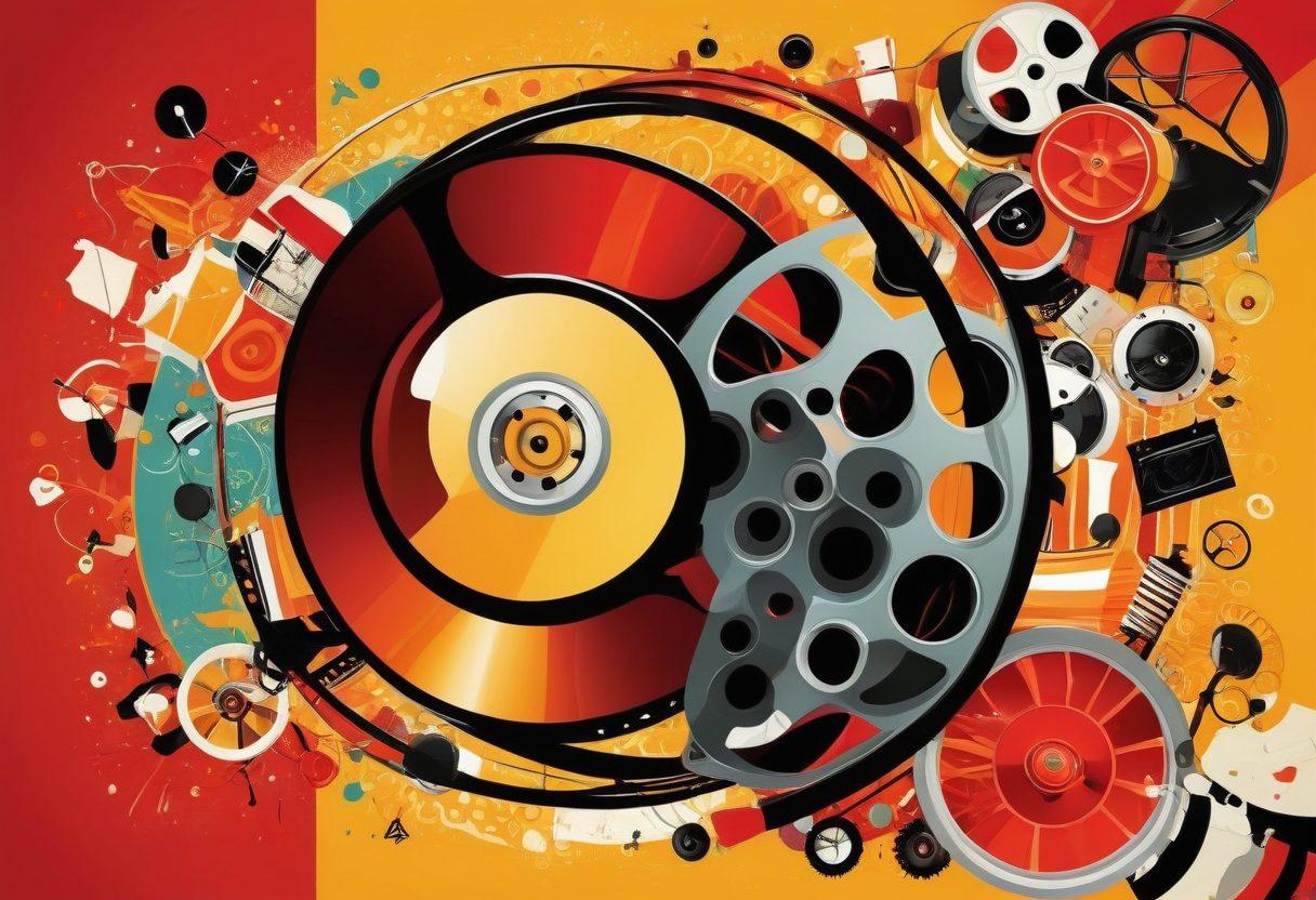 A vibrant, abstract collage featuring playful and cheeky elements that represent humor and adult themes. Include subtle symbols of visual pleasure, like film reels and playful laughter icons, intertwined with sensual silhouettes. The background should be a blend of warm, enticing colors that evoke a sense of intrigue and allure. The overall style should be modern and energetic, capturing the essence of adult media in a sophisticated yet fun way. vector art. vibrant colors.