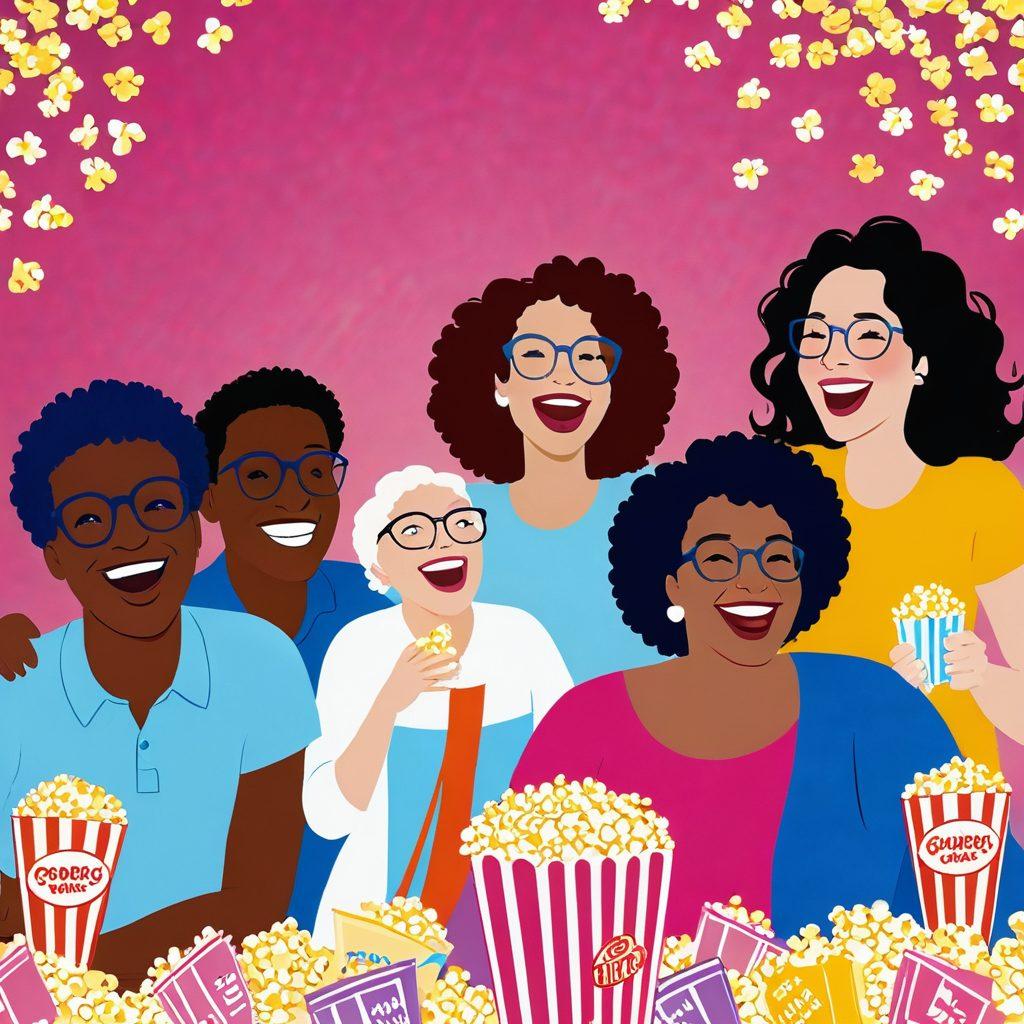 A whimsical and playful scene depicting diverse adults engaging in light-hearted fun, surrounded by colorful film reels and popcorn, with hints of seductive allure in the atmosphere. Incorporate a touch of fantasy, showcasing laughter and amusement while maintaining an elegant vibe. The background should be a blend of vibrant colors, emphasizing joy and satisfaction. cartoon style. vibrant colors. white background.