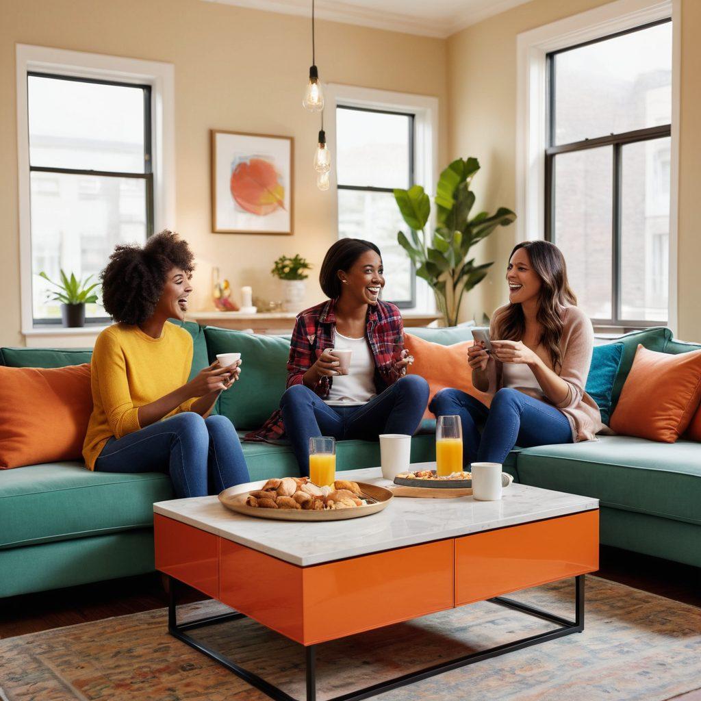 A vibrant and enticing visual of a diverse group of friends watching adult streaming content on various devices in a cozy living room, surrounded by playful lighting and snacks, depicting joy and camaraderie. Emphasize expressions of laughter and excitement on their faces. Include a modern, stylish interior design to enhance the atmosphere of entertainment and relaxation. vibrant colors. super-realistic.